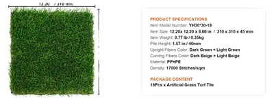 Image de Tapis de gazon synthétique, facile à nettoyer, aspect naturel, 30 x 30 cm, lot de 18