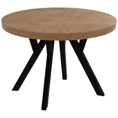 Productafbeelding van Uittrekbare eettafel CONVIVIO ADIDARMEBLE, diameter 90 cm, uittrekbaar tot 130/170 cm, eikenhout LANCELOT (decoratief), zwarte poten, 2 inlegplaten van elk 40 cm
