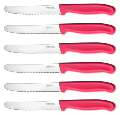 Produktbild von NEUSTANLO | Tafelmesser aus rostfreiem Stahl | 6 Stück | Pink | extra scharfer Wellenschliff | ideales Brötchenmesser, Tomatenmesser für den Frühstückstisch