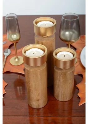 Produktbild von Kerzenhalter aus Holz und vergoldetem Metall, 27 cm