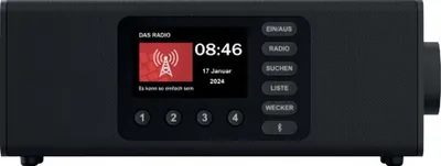 A black digital radio with a screen displaying the time and date, and several buttons on the right side.