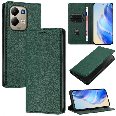 Image de Étui en cuir pour Xiaomi Redmi 17 4G/5G, en cuir type "litchi", type portefeuille avec compartiments pour cartes et support intégré. Couleur : vert