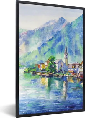 Produktbild von MuchoWow® Gerahmtes Poster Gemälde - Ölfarbe - Haus - Berge - Wasser 20x30 cm - Poster mit Schwarzem Bilderrahmen Wandposter Rahmen Foto Bilder - Drucken - Bilder Poster im Rahmen