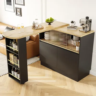 Produktbild von Bartisch mit Ablageflächen und Glas 360° Drehbare Bistrotisch Stehtisch Kücheninsel Hochtisch 90 x 45 x 100 cm Schwarz