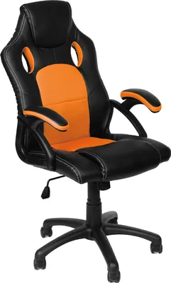 A black and orange office chair with a racing-inspired design is shown against a white background.