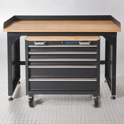 Produktbild von Werkbank mit Arbeitsplatte aus Bambus - 150 cm, schwarz und Werkzeugwagen mit 5 Schubladen