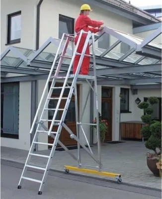 Produktbild von Günzburger Steigtechnik Plattformleiter klappbar und fahrbar 12 Stufen Querrohr B= 1,90 m - 052312