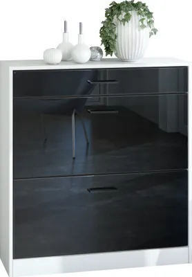 Produktbild von Vladon Schuhschrank Schuhkipper Elvas 89 x 95,5 x 27 cm,  Germany, Korpus in Weiß matt, Front in Schwarz Hochglanz | Große Farbauswahl
