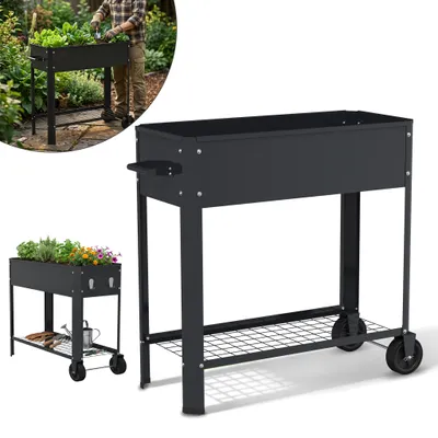 Obrázok produktu pre JOIEYOU Vyvýšený záhon na kolieskach 80x35x80 cm s úchytom – pozinkovaný kovový kvetináč, mobilný záhon na zeleninu do záhrady alebo na balkón s odkladacou plochou 56 l, čierny