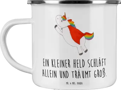 Produktbild von Mr. & Mrs. Panda Emaille Tasse Alleine schlafen lernen - Weiß - Geschenk, Zuversicht, Kaffeepott, Pott, becher, Vertrauen, Vertrauem, Stärke, selbstbewusst, Haferl, Trost
