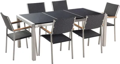 Zdjęcie produktu dla BELIANI Zestaw mebli ogrodowych jadalniany czarny stół granit/bazalt 180 x 90 cm 6 krzeseł z technorattanu sztaplowanych