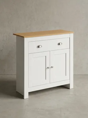 Produktbild von Modernes Sideboard mit 2 Schubladen, Eiche und Weiß, Melaminharzbeschichtung. 79x35x81 cm | Kadima Design
