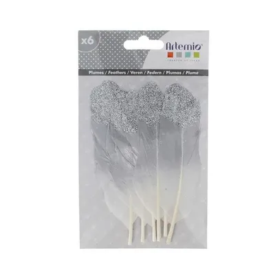 Produktbild von 6 Silberne Federn mit Glitzer