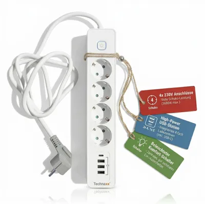 Produktbild von Technaxx 4-fach Steckdosenleiste 4x USB-Ports (1x USB-C) Schalter Kinderschutz