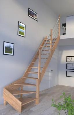 Produktbild von Holztreppe Rhodos in 1/4 gewendelter Ausführung rechts-Eiche-Holz-Edelstahl Geländer-rechts-ohne Setzstufen
