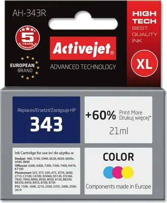 Zdjęcie produktu dla Activejet Tusz AH-343R (zamiennik HP 343 C8766EE; Premium; 21 ml; kolor), Wysoka (XL) wydajność, Cyjan, Purpurowy, Żółty, Tusz na bazie pigmentu, 21 ml, 1 szt., 550 stron(y)