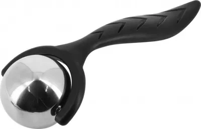 A black and silver massage roller with a metal ball and a black handle.