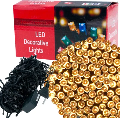 A product shot of LED decorative lights and their packaging.