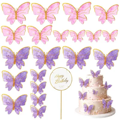 Schmetterling-Tortendeko-Set, 21-teilig, Papier, lila-rosa