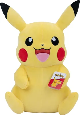 A plush toy of the character Pikachu from Pokemon, sitting and facing forward.