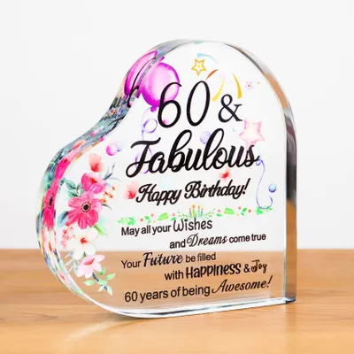 Gläsernes Herz zum 60. Geburtstag – Happy 60 & Fabulous, 11x11 cm