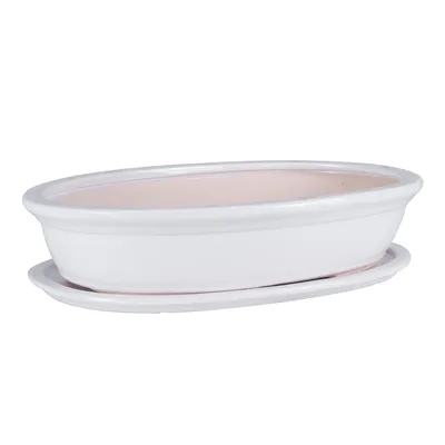 Image de Bol à bonsaï en céramique avec soucoupe 25 cm Pot à bonsaï ovale blanc