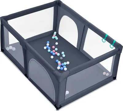 Produktbild von GOPLUS Baby Laufstall mit 50 Spielbällen, Krabbelgitter für Kleinkinder & Säulinge, stabiler Laufgitterzelt mit atmungsaktivem Netz, Reisebett mit Tür und Reißverschluss (120x190cm, Dunkelgrau)