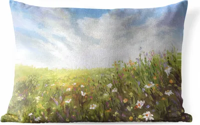 Produktbild von MuchoWow® Outdoor Kissen - Sommer - Blumen - Ölfarbe - 50x30 cm - Wetterfest - Lounge Kissen - Sofa kissen - Wohnzimmer Dekoration