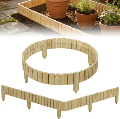 Image de Clôture en bois FIVMEN à bordure roulée, 200 cm de long, 10 cm de haut, bordure de parterre en bois de pin, palissade de jardin en bois, clôture à lattes, bordure de pelouse pour parterres de fleurs, zones de plantation, décoration naturelle, couleur bois