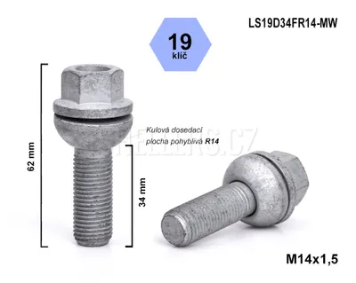 Obrázek produktu pro Kolový šroub M14x1,5x34 koule R14 pohyblivá, VW, SEAT, klíč 19, LS19D34FR14-MW výška 62
