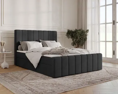 Produktbild von Boxspringbett, Kontinentalbett aus Samt, Polsterbett, dekorativem Kopfteil Doppelbett mit Bonell-Matratze, Topper und Bettkasten (gepolstertes Kopfteil, Boxspring) - Boxspringbett 01 BIS 140x200 – Schwarz (Manila 18)
