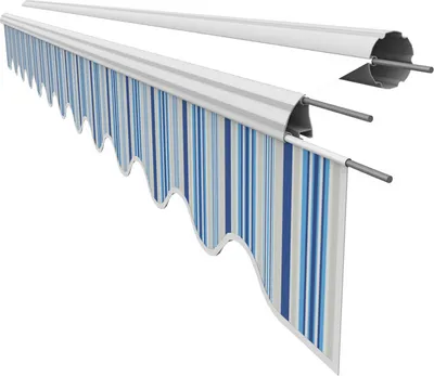 A close-up, studio shot of a striped awning fabric and its mounting hardware against a white background.