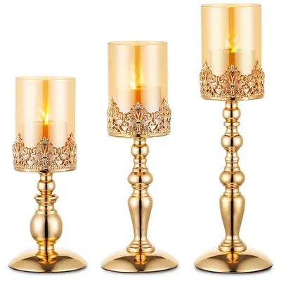 3er-Set goldene Säulenkandelaber mit Glas, Tischdeko