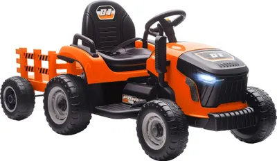 An orange toy tractor with a trailer, shown from a three-quarter front angle against a white background.