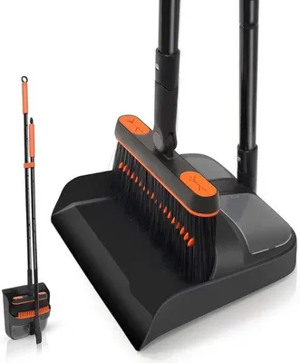 Produktbild von Stofpan- en Borstelset mit langer Stiel, 180-Grad-Rotations-Staubbesen mit Zähnen - Orange und Schwarz, für Innen- und Außenbereich