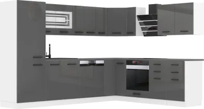Produktbild von Belini Küchenzeile Küchenblock Küche L-Form JULIE Küchenmöbel mit Griffe, Einbauküche ohne Elektrogeräten mit Hängeschränke und Unterschränke, ohne Arbeitsplatten, Silber Hochglanz