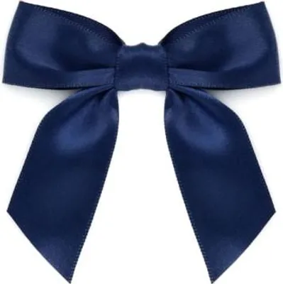 A navy blue satin ribbon bow on a white background.