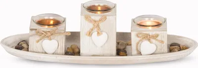 Produktbild von Windlicht Set 39x14cm Holztablett Weiß Grau Shabby Chic Vintage Deko