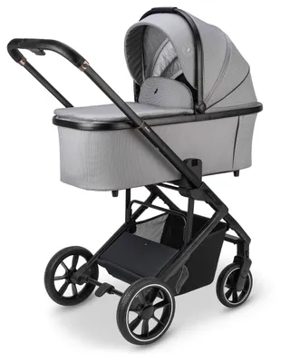 A studio shot of a gray and black baby stroller.