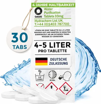 Produktbild von Wicked Chili Travel Wasseraufbereitung Trinkwasser (30 Tabletten je 4-5L) Wasserentkeimung & Trinkwasseraufbereitung - Tabletten für Blackout, Notfallrucksack, Reiseapotheke, Notfall Ausrüstung