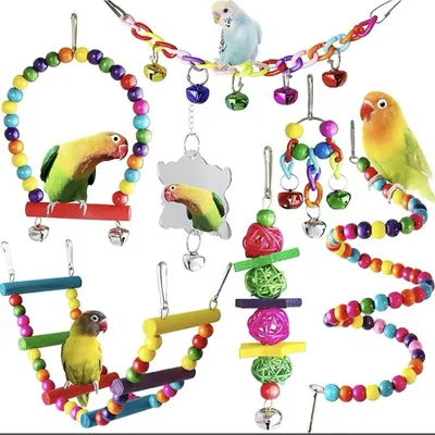 Productafbeelding van Set van 7 vogelaccessoires - met spiegel, schommel en zitstokken - houten accessoires voor vogelkooi, geschikt voor parkieten, kanaries en papegaaien