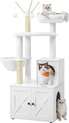 Produktbild von FEANDREA Kratzbaum, mit Katzenklo-Schrank abnehmbaren Plüschbällen 140cm weiß
