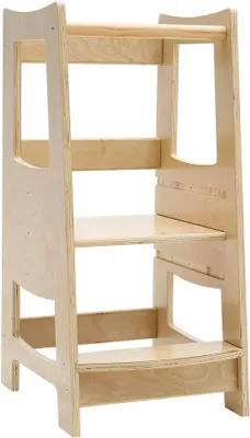 Productafbeelding van Houten Opstapkruk - Kinder Toren - Keuken Hulp - 3 Hoogtes Verstelbaar - Met Veiligheidsrail - Natuurlijk Hout