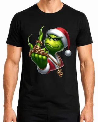 Zdjęcie produktu dla Grinch Santa bezczelny złoty łańcuch prezent świąteczny sarkastyczna koszulka męska, czarny, XXL