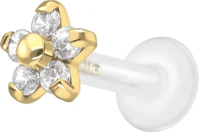 Produktbild von Ohrpiercing, Nasenpiercing PTFE Labret mit Innengewinde + Titan-Aufsatz BLUME MIT 5 KRISTALLEN Gold Stablänge: 8mm | Stabstärke: 1,6mm