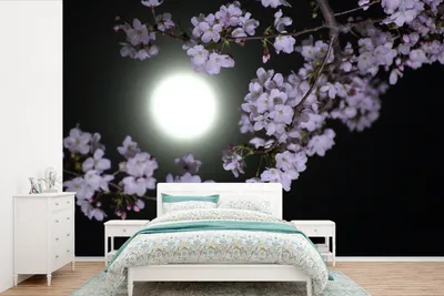Produktbild von MuchoWow® Fototapete für Wohnzimmer oder Schlafzimmer Wandtapete Vinyl Motivtapete Mond - Schwarz - Blüte - 525x350 cm - Das Hintergrundbild