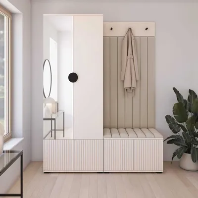 Produktbild von Garderoben-Set Ritmo Version 1 – gefräste Kleiderschrank mit Spiegel, mit Polsterplatten, Schuhschrank, für Eingangsbereich (Cashmere, Trinity 02)
