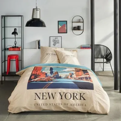 Produktbild von Bettwäsche-Set 240x220 cm, 2 Personen, 100% Baumwolle, New York Beige Druck
