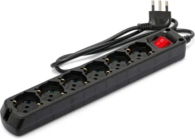 Produktbild von Mehrfachsteckdose mit 6 Steckdosen – Schuko + 10/16 A – mit Schalter, 1 Meter Kabel und 16 A Stecker