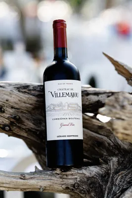 A bottle of red wine is placed on a weathered piece of driftwood, with a blurred background of trees and sky.